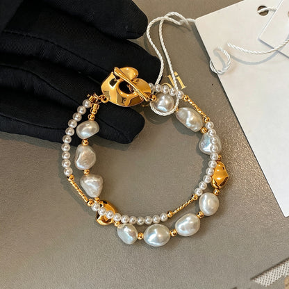 Stylish Gold Copper Overgild Pearl Double Layer Charm Bracelet