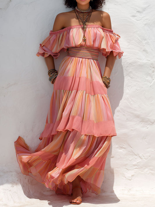 Boho Sunset Stripe Off-Shoulder Tiered Chiffon Maxi Dress With Smocked Waist