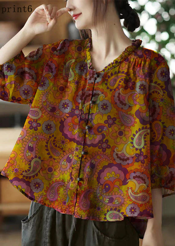 Plus Size Pink-Print5 Leinenbluse mit V-Ausschnitt und Rüschenprint, halbe Ärmel