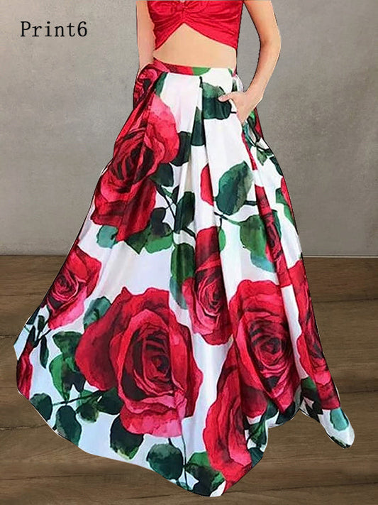 Bohemian Weiß - Rot Print Hohe Taille Taschen Blumendruck Baumwolle A Linie Rock Sommer