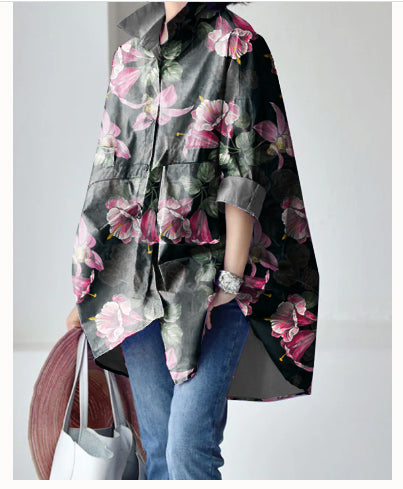 Apricot-polka dots Peter Pan Collar Low High Design Cotton Shirt Long Sleeve