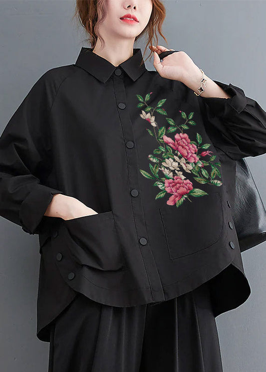 Schwarz-floral Patchwork Baumwolle Shirt Top Übergroße Taschen Herbst