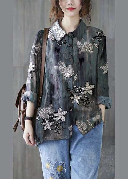 Unique Grey Peter Pan Collar Button Print Fall Blouses Long sleeve