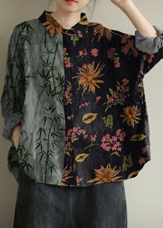 Art black flower tunic pattern lapel baggy fall top