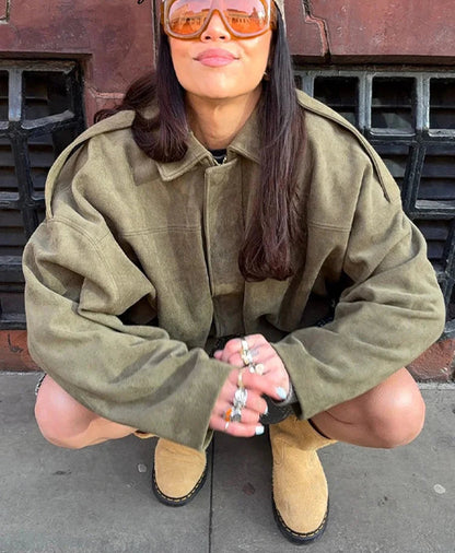 Olive Green Suede Oversized Lapel Casual Jacket