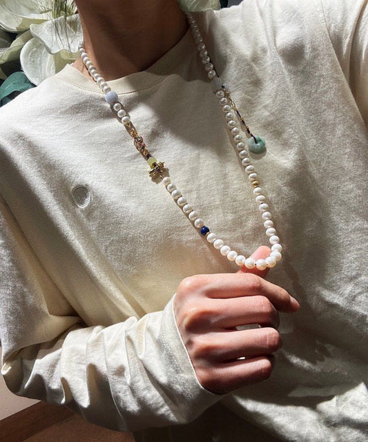 Handgemachte weiße Jade Perle Achat Perlen Quaste Pullover Lariat Halskette