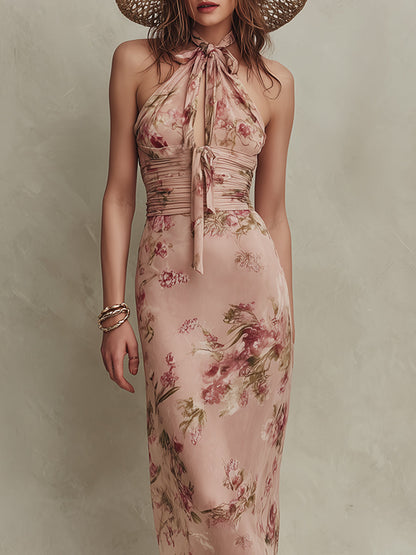 Elegant Holiday Floral Print Keyhole Neckline Chiffon Maxi Dress