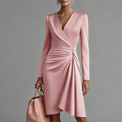 Women's Elegant White Wrap V Neck Long Sleeve Ruched Asymmetrical Hem Midi Dress