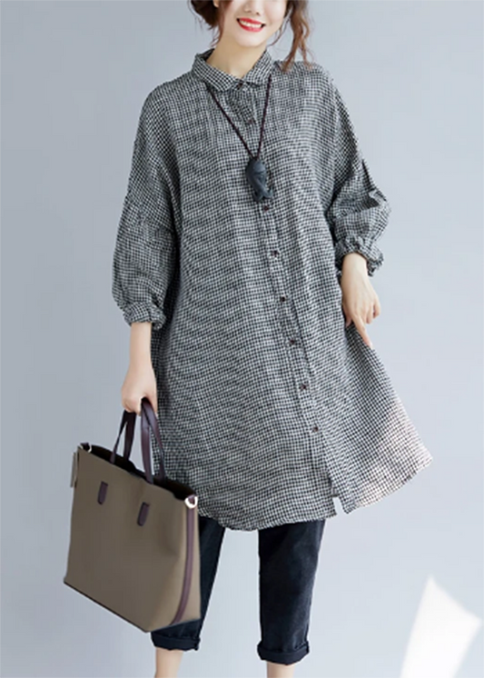 stylisches schwarzes kariertes, gemütliches Baumwoll-T-Shirt in Übergröße, Baumwollblusen mit Umlegekragen, feine Langarmoberteile