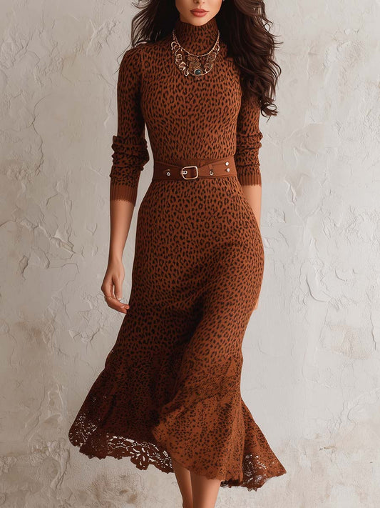 Classic Retro Belted Animal Print Sweater Midi Dress