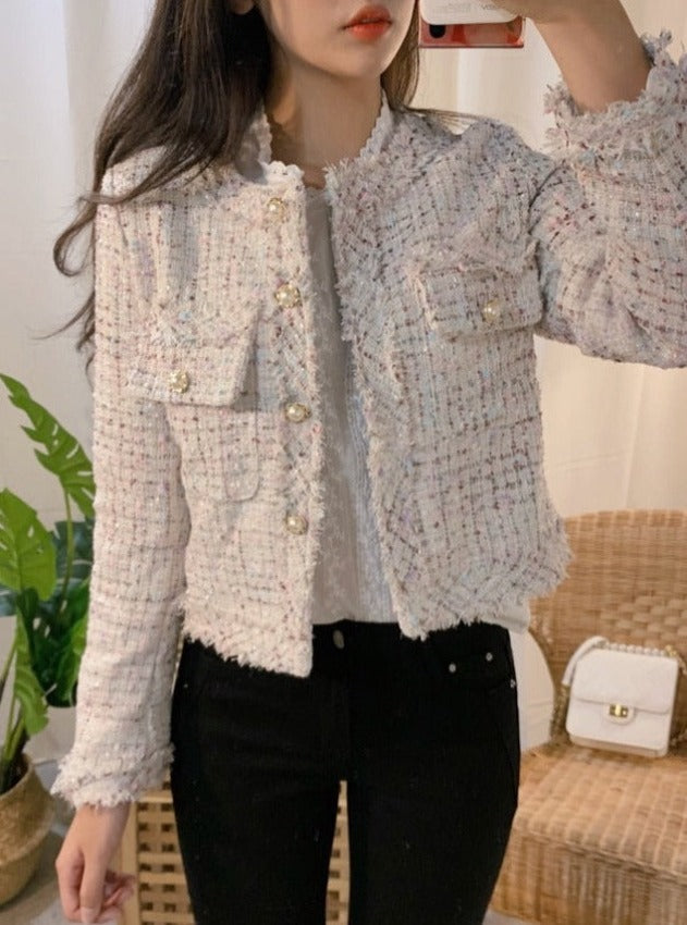 Chic Pearl-Buttoned Chanel-Style Short Jacket with Delicate Frayed Edges