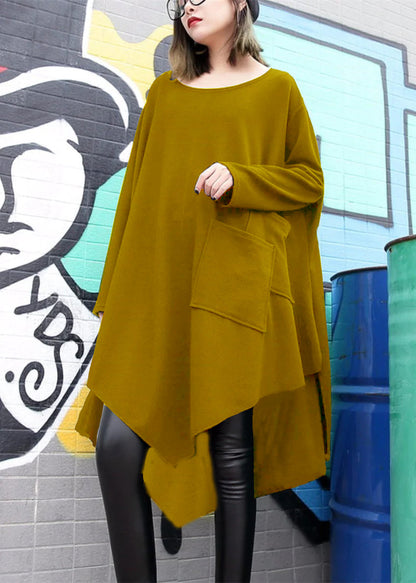 Feines schwarzes Baumwoll-Seidenkleid in Übergröße, asymmetrischer Saum, Reisekleid, Boutique-Kleid mit Rundhalsausschnitt