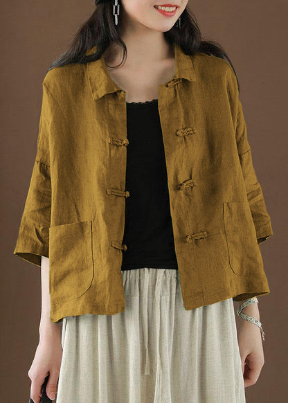 Wunderschönes grünes Sommer-Leinentop mit Peter-Pan-Kragen und Taschen