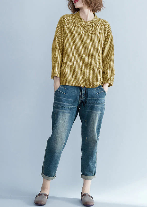 Französische Langarm-Leinenbluse, pakistanische Tunika-Tops, rotes Silhouettenhemd, kariert