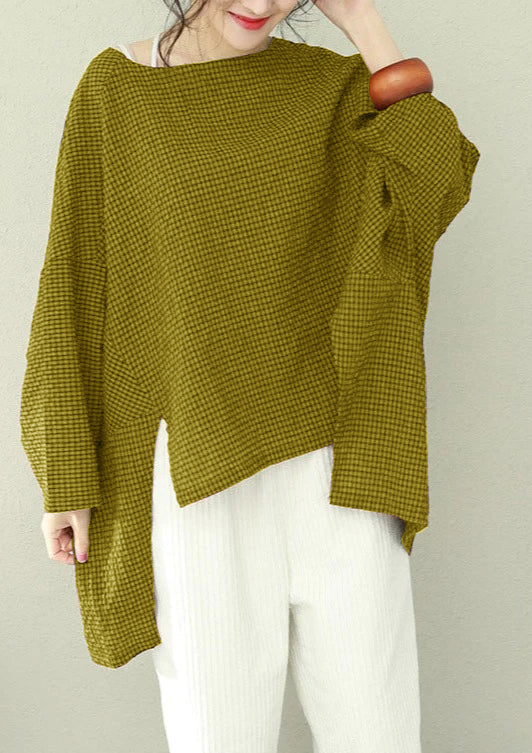 Bohemian asymmetrische Baumwolle Damen Fine Work blau kariert übergroße Tops