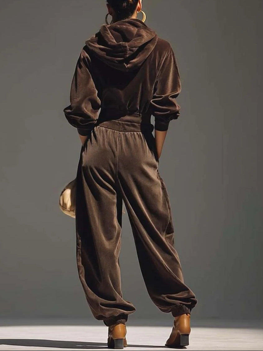 Vintage brown velvet hoodie and loose-fitting trousers set