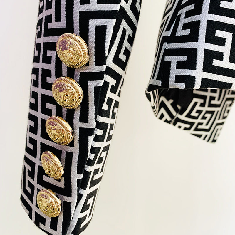 Double-breasted gold-buttoned fashion blazer with multiple herringbone patterns