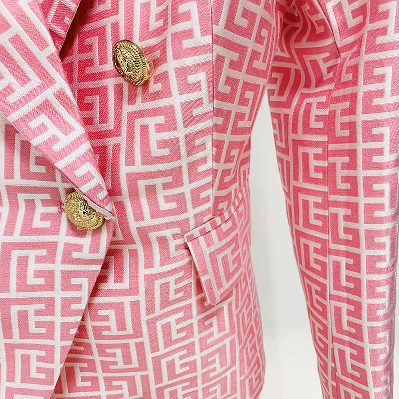 Double-breasted gold-buttoned fashion blazer with multiple herringbone patterns