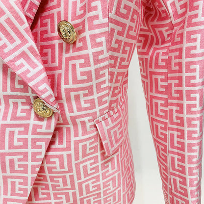 Double-breasted gold-buttoned fashion blazer with multiple herringbone patterns