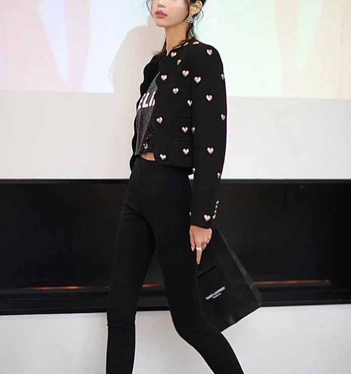 Black-based silver-heart chunky knit Chanel-style cropped jacket