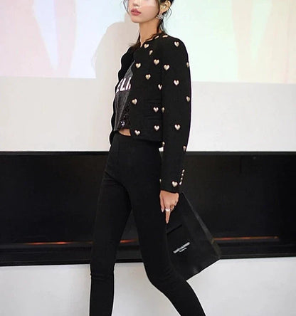 Black-based silver-heart chunky knit Chanel-style cropped jacket