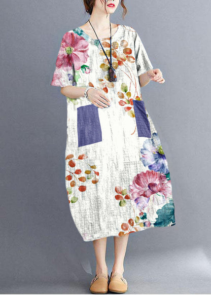 Stilvolle Blau O Neck Plaid Maxi Kleider Baumwolle Leinen Sommer