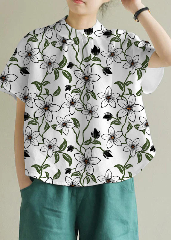 Camisa sencilla de lino liso con cuello Peter Pan blanco para verano