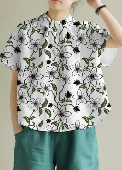 Camisa sencilla de lino liso con cuello Peter Pan blanco para verano