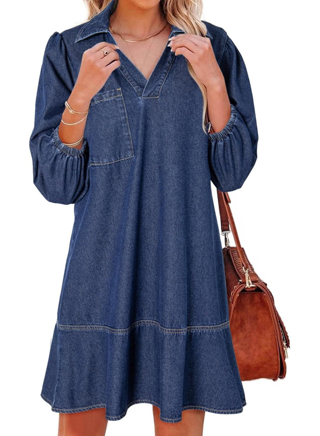 ✨Women's V-neck Puff Sleeve Denim Layered Dress