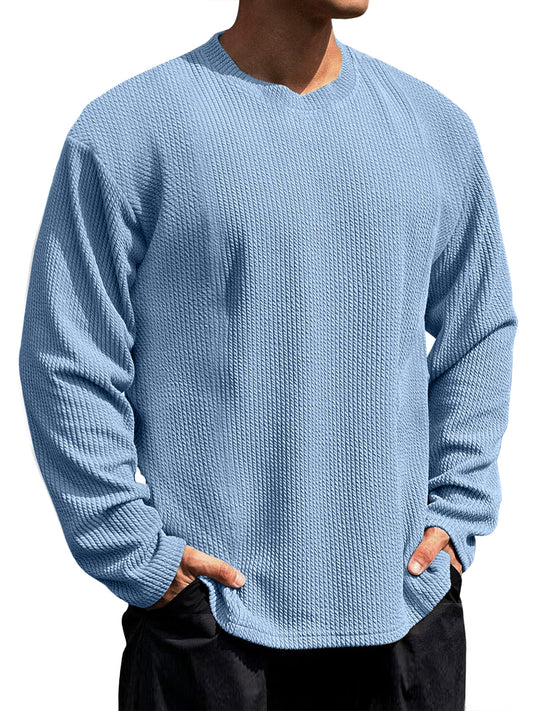 Men's Casual Round Neck Vertical Stripe Solid Color Long-sleeved T-shirt