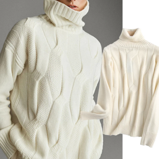 High-Neck 3D Cable-Knit Oversized Sweater