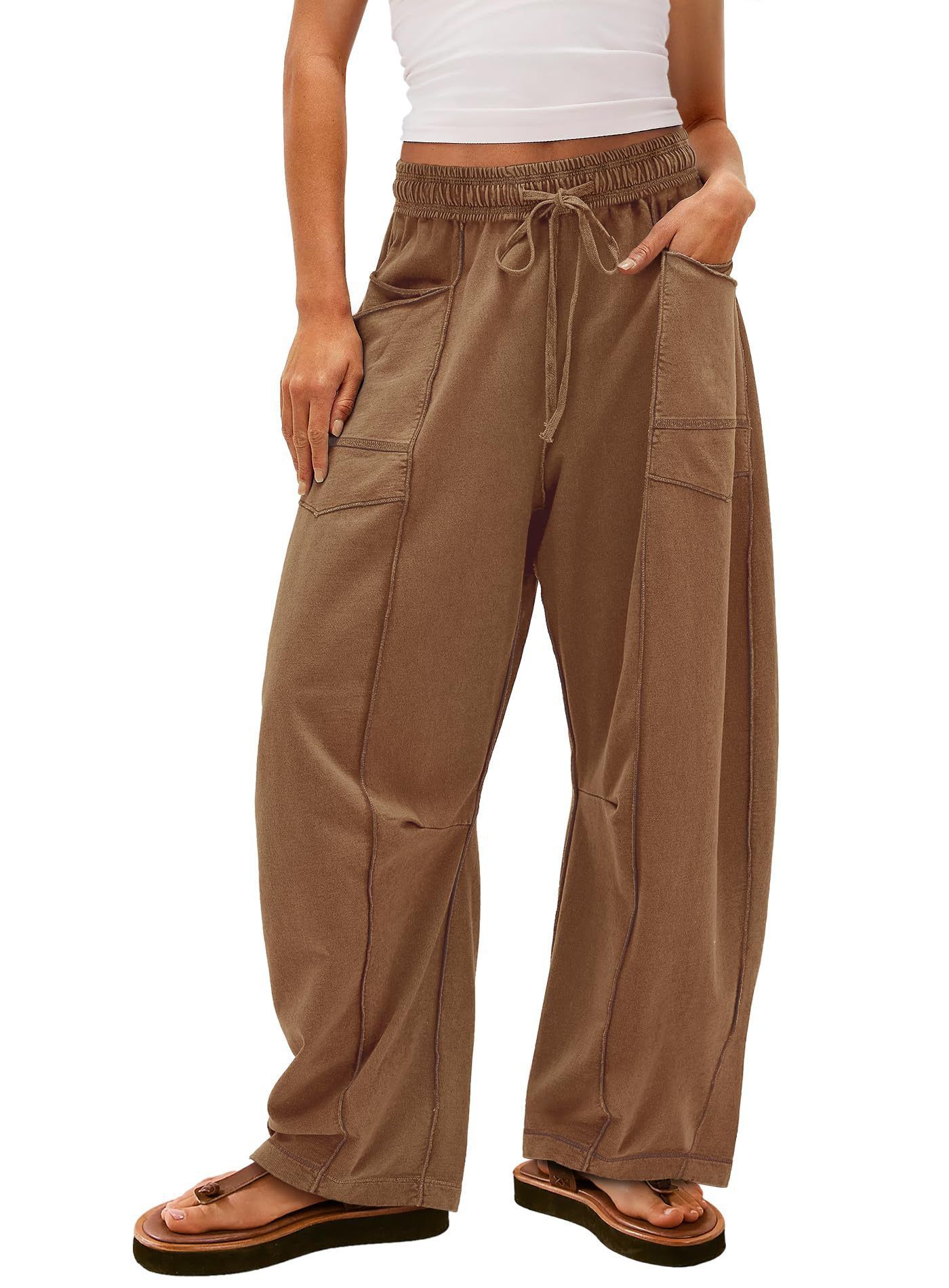 Womens Baggy Barrel Pants Wide Leg Lounge Drawstring Sweatpants with Pockets