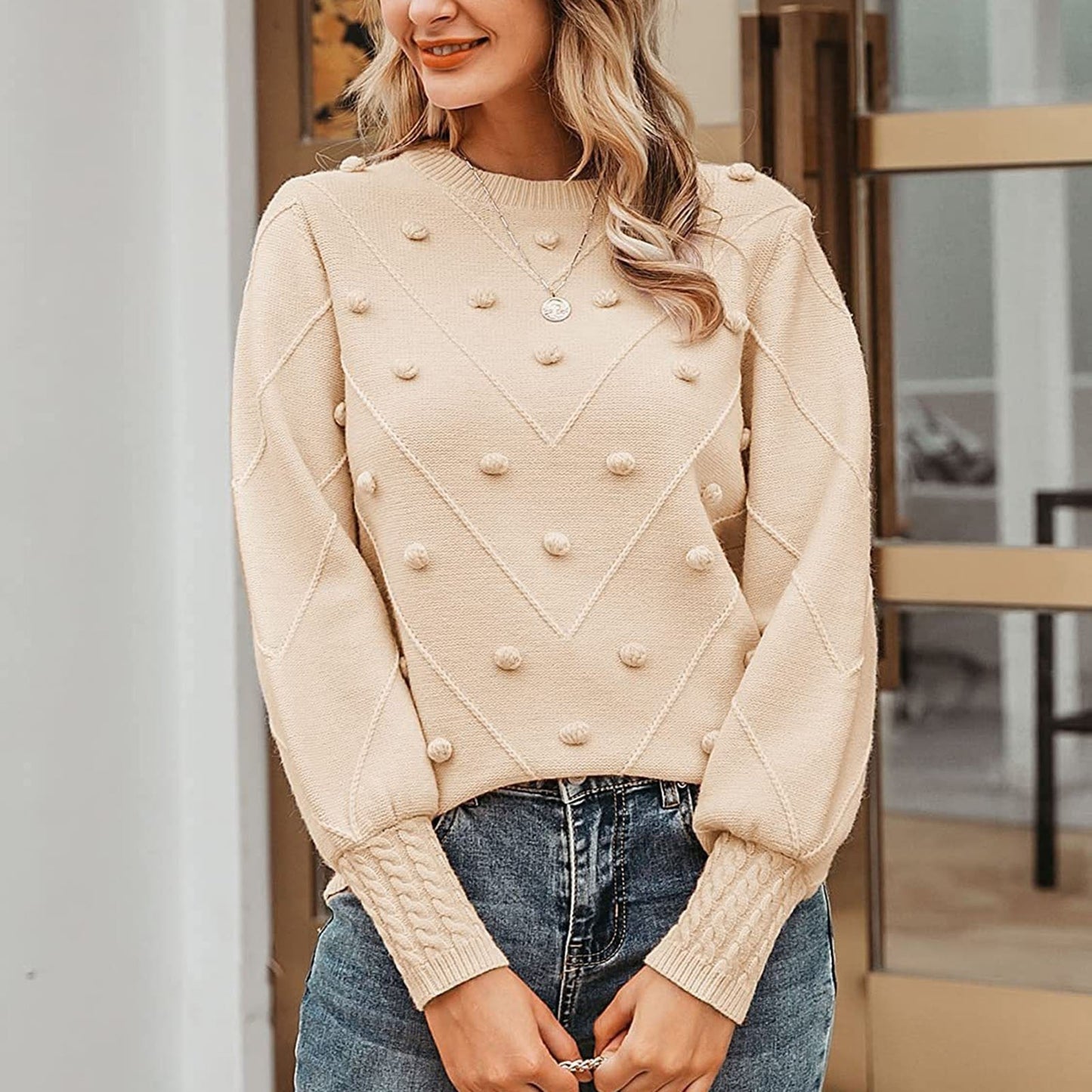 Round-Neck 3D Pom-Pom Oversized Knit Sweater
