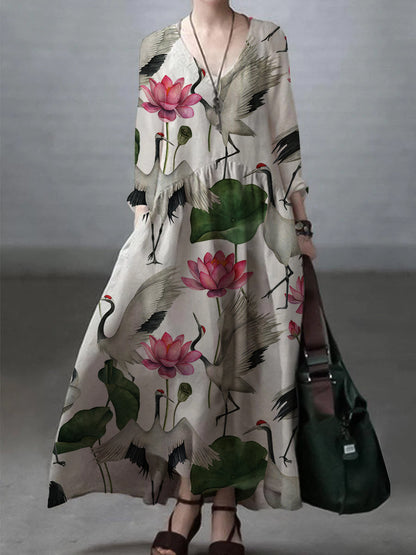 Vestido sencillo y holgado de algodón y lino con escote en V
