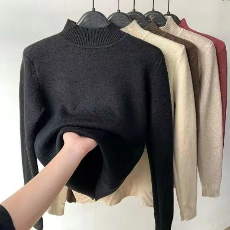 Basic Solid Color High-Neck Fleece-Lined Thermal Knit Base Layer
