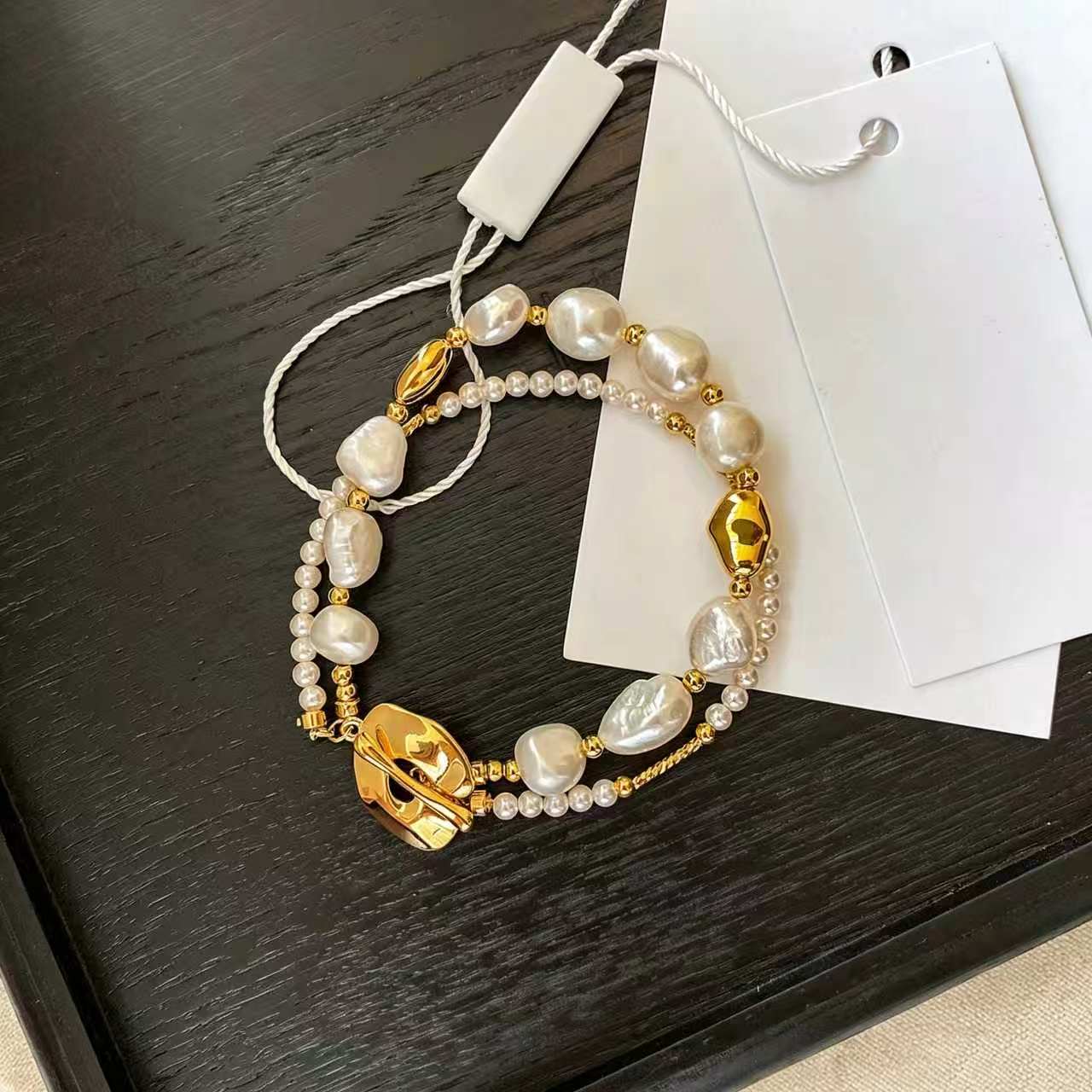 Stylish Gold Copper Overgild Pearl Double Layer Charm Bracelet