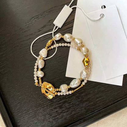Stylish Gold Copper Overgild Pearl Double Layer Charm Bracelet