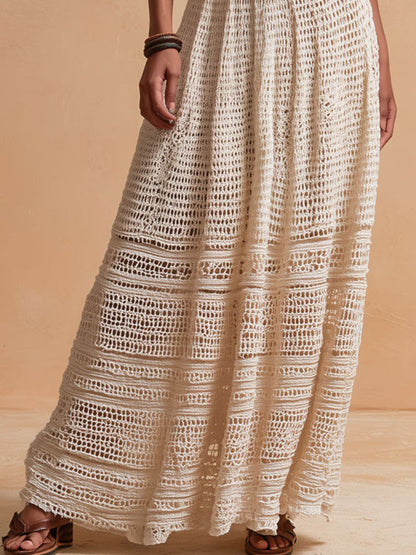 Boho Chic Ivory Crochet Halter Maxi Dress With Waist Belt