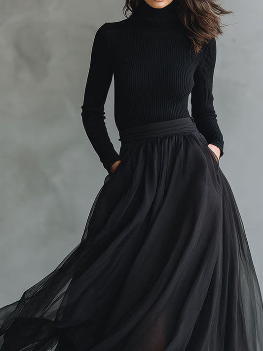 Elegant Black Tulle Flowing Maxi Dress Patchwork Fitted Knit Turtleneck Top