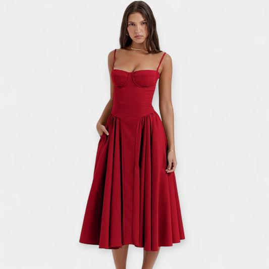 Retro Midi Dress with Thin Straps