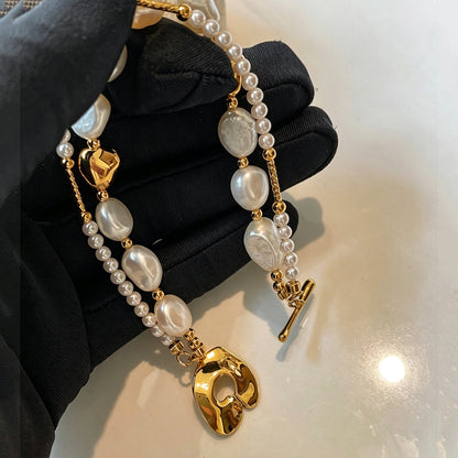 Stylish Gold Copper Overgild Pearl Double Layer Charm Bracelet