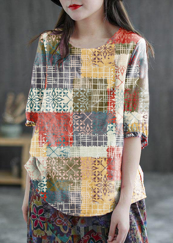 Plus Size Rosa bestickte O-Ausschnitt Halbarm Ramie Blusen Sommer