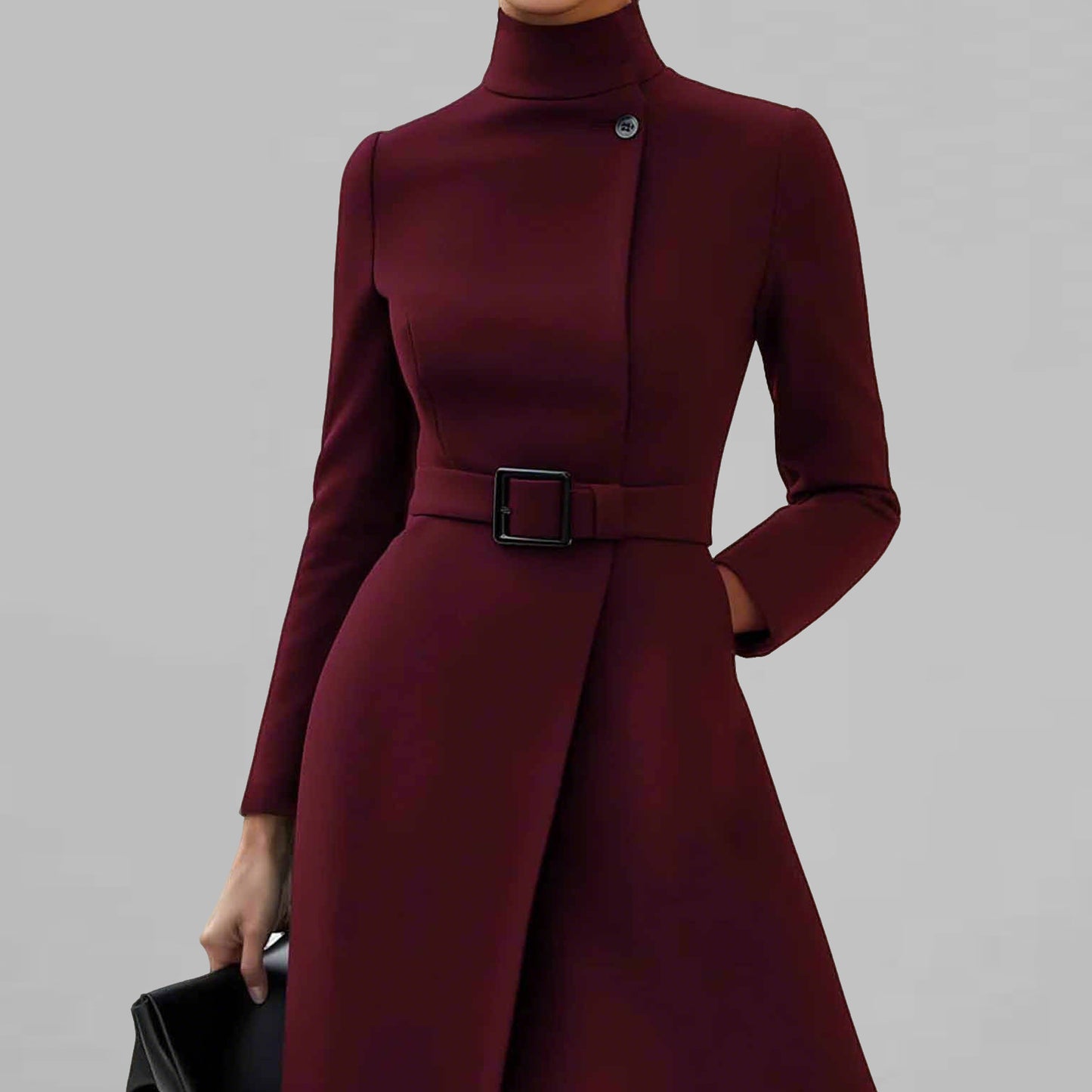Women's Elegant Burgundy High Neck Long Sleeve Pocket Belted Coat Midi Dress
