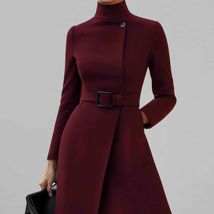 Women's Elegant Burgundy High Neck Long Sleeve Pocket Belted Coat Midi Dress