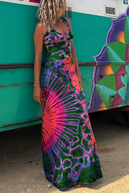 Tie-Dye Lace-Up Stretch Maxi Dress