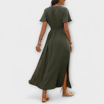 Heather - Elegant Boho Dress with V-Neck and Long Sleeves