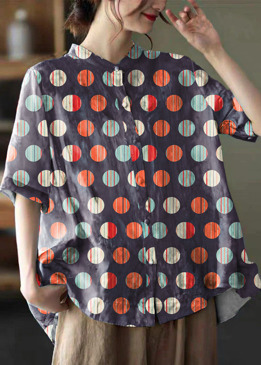 Blaue Polka Dots Print Baumwollhemden Low High Design Kurzarm