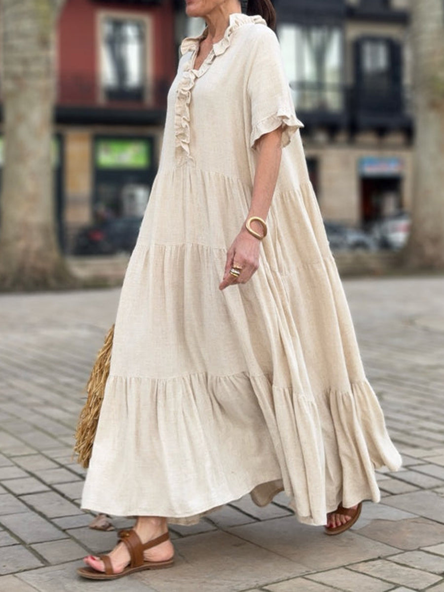 Ruffle Collar Cotton Linen Pocket Dress