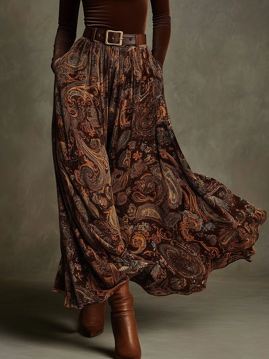 Vintage Stretch Velvet Top and Paisley Print Maxi Skirt Set(with belt)