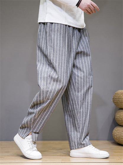 Spring Autumn Men's Fashionable Drawstring Striped Pants